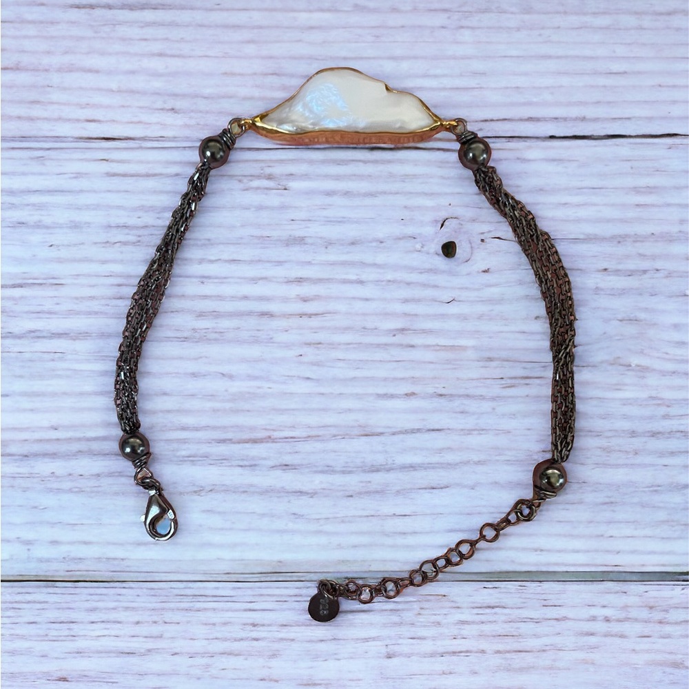 925 Antiqued black Sterling Silver Chain Bead bracelet gold plated Baroque Pearl